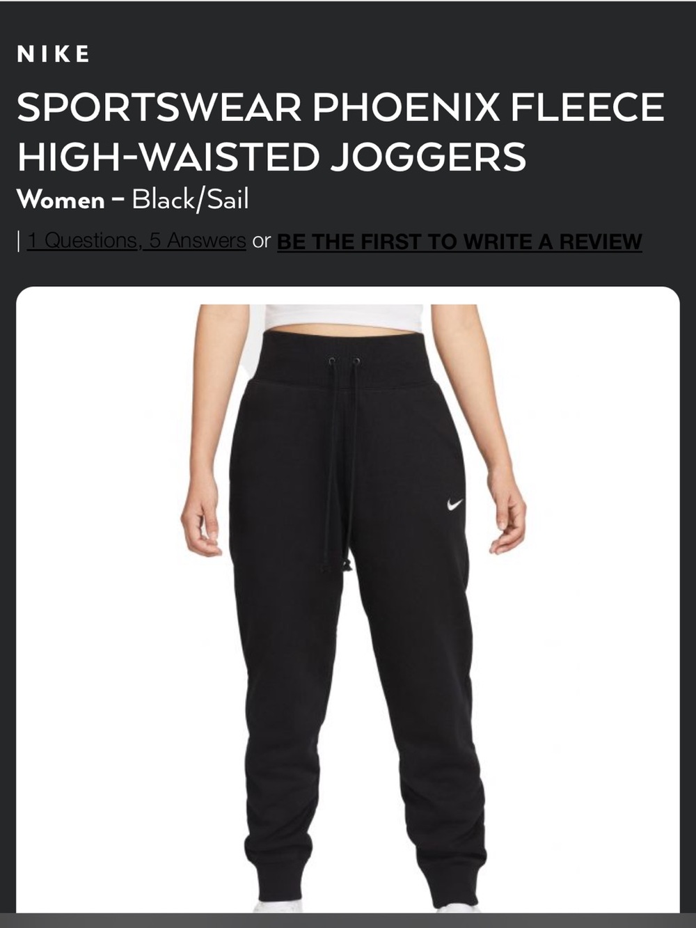 Nike Phoneix Black High-Waisted Fleece Joggers with Sail Swoosh
